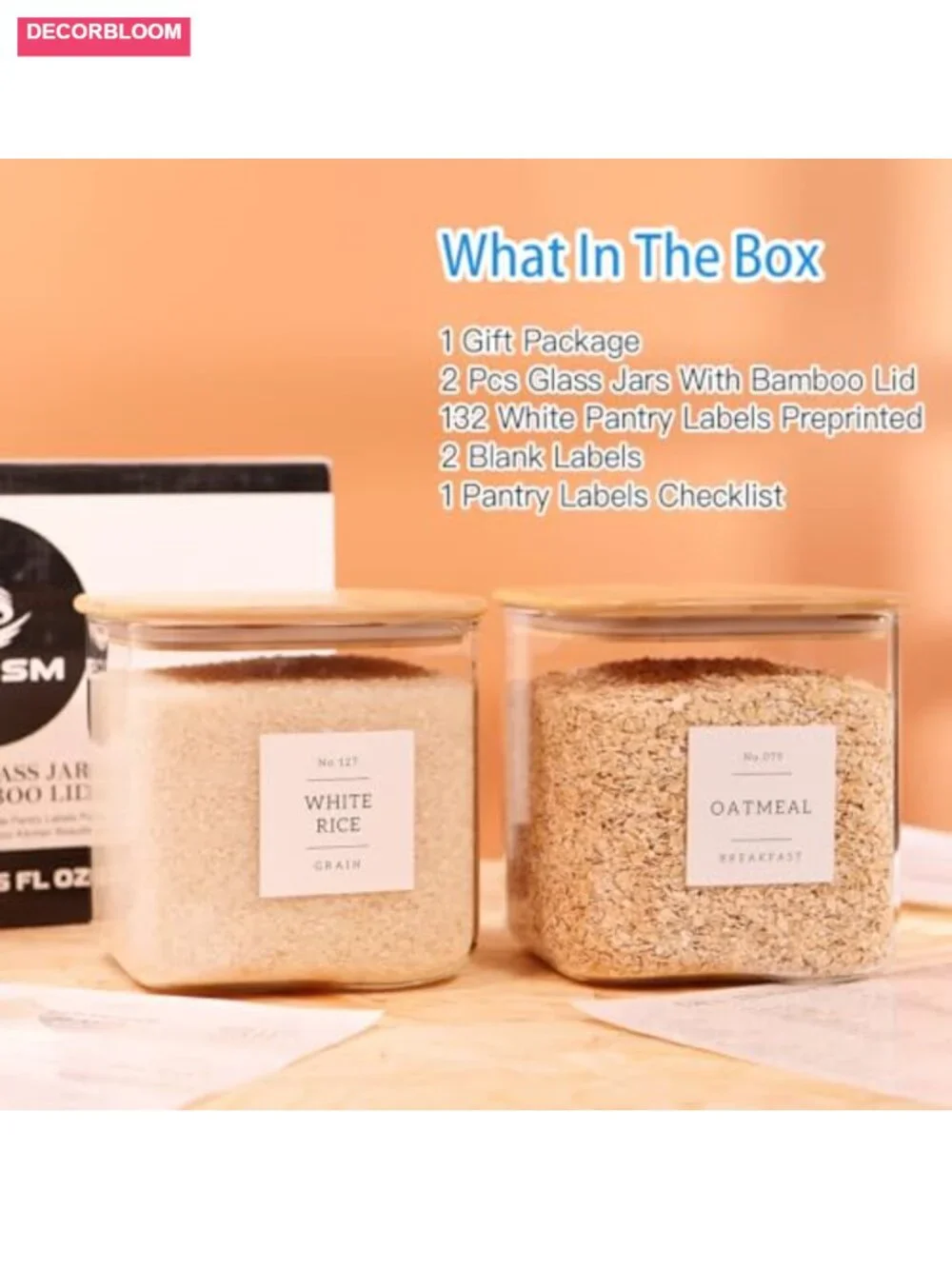 2 PK 85oz Glass Square Food Storage Jars with Bamboo Lids & Labels Airtight